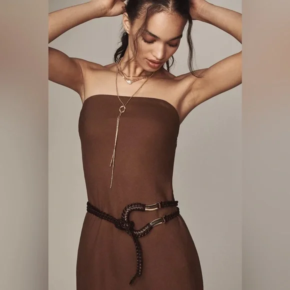 NWT Anthropologie Woven Skinny Belt in Chocolate Brown & Gold size XL - Picture 1 of 8